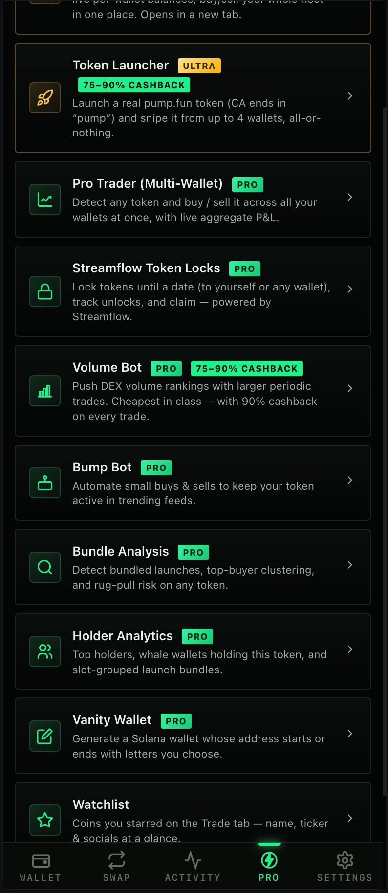 Swarm wallet PRO tab: Token Launcher with ULTRA badge and 75 to 90 percent cashback, and Pro Trader multi-wallet